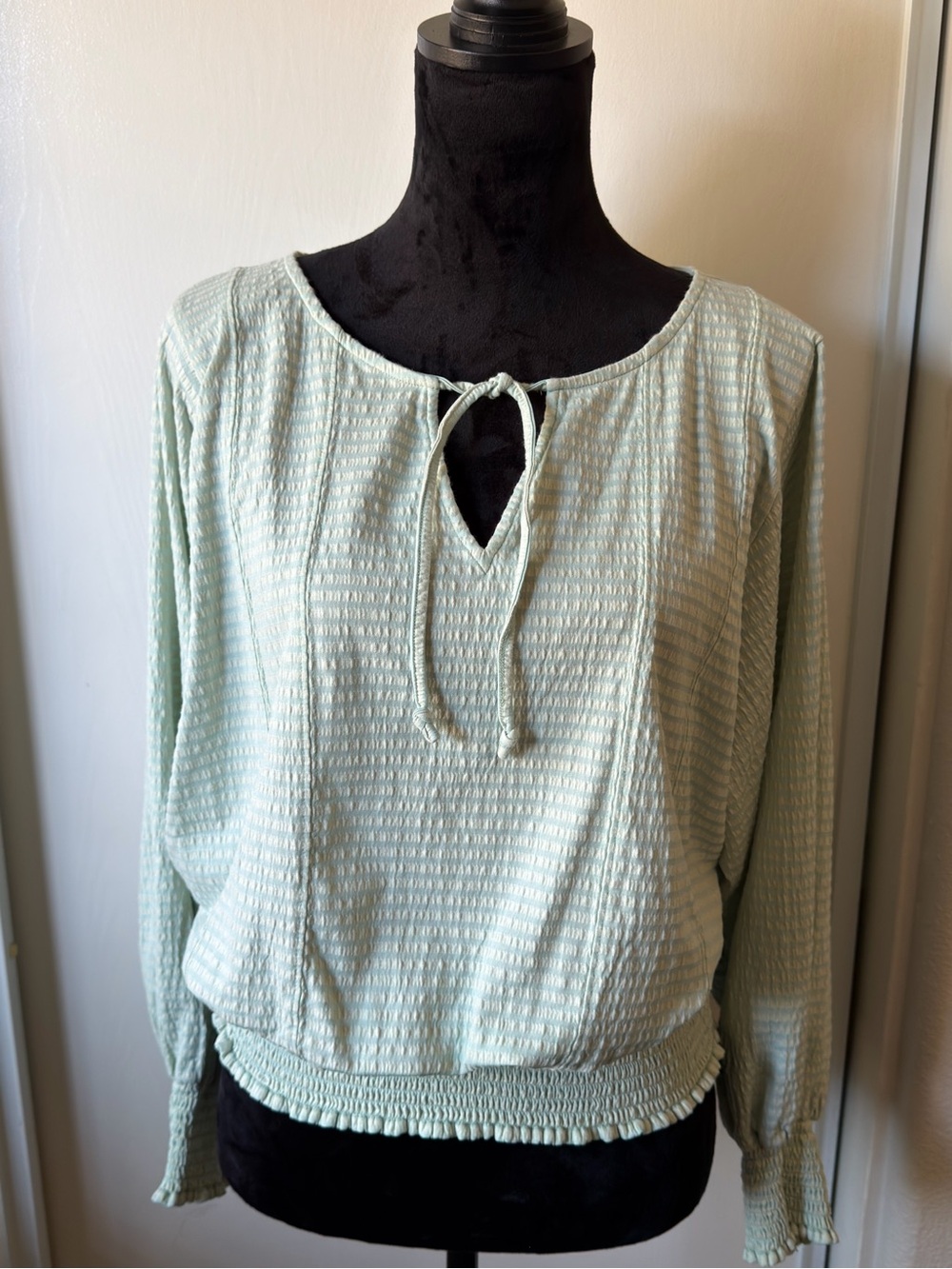 Anthropologie Sage Green Textured Keyhole Tie Top | Smocked Hem & Cuffs